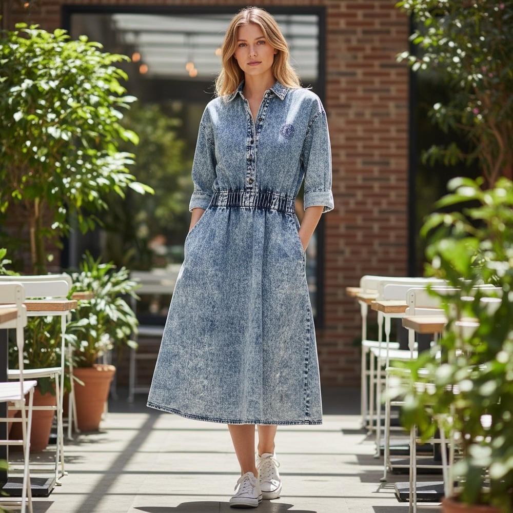 Mizz Lizz Vintage Acid Wash Denim Midi Dress Blue Cotton Button Front Womens M